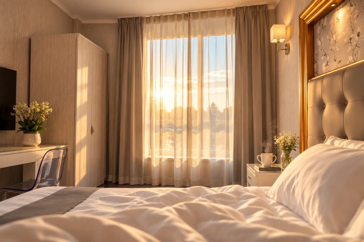 Camera Smart con letto matrimoniale e luce calda del mattino dalla finestra (immagine modificata con IA)