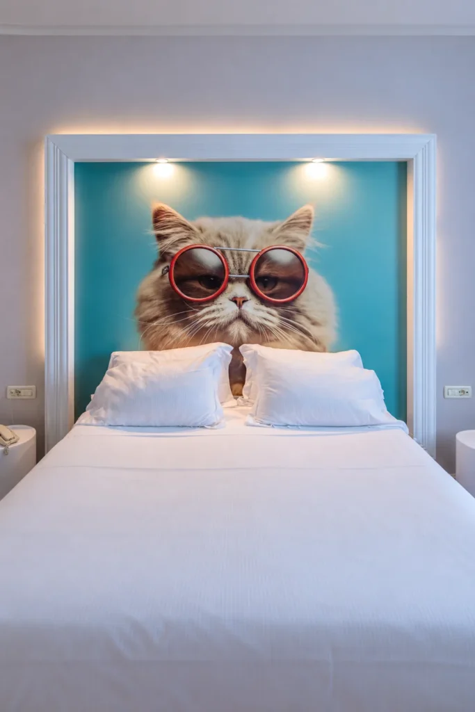 Camera dell'Hotel Repubblica Marinara con letto matrimoniale e testiera illustrata con un gatto con occhiali
