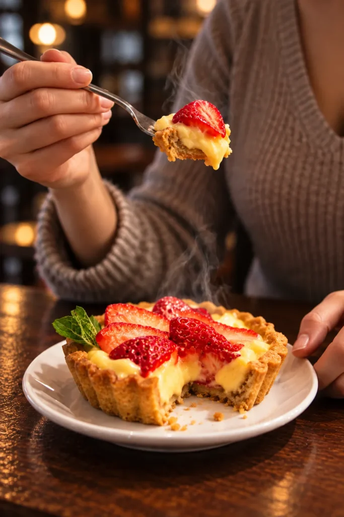 Crostata con crema pasticcera e fragole servita al tavolo (immagine generata con IA)