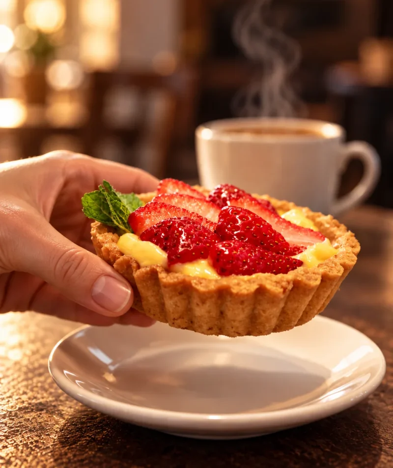 Crostatina con crema e fragole e tazza di caffè fumante a colazione (immagine modificata con IA)