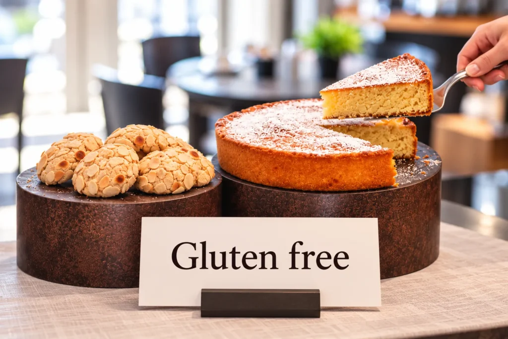 Torta e biscotti alle mandorle senza glutine al buffet della colazione, con il cartellino Gluten free