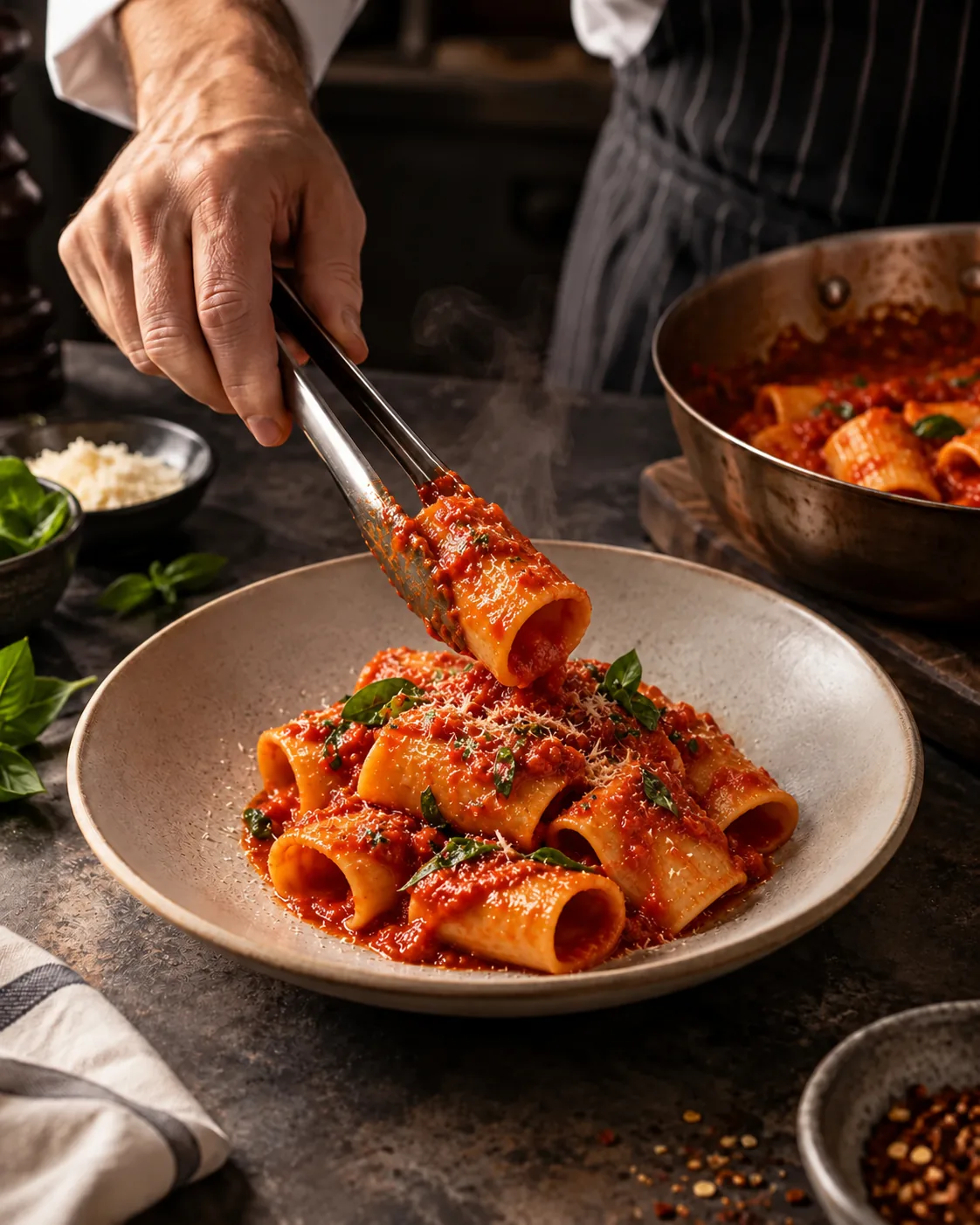 Chef che serve rigatoni al pomodoro e basilico (immagine modificata con IA)