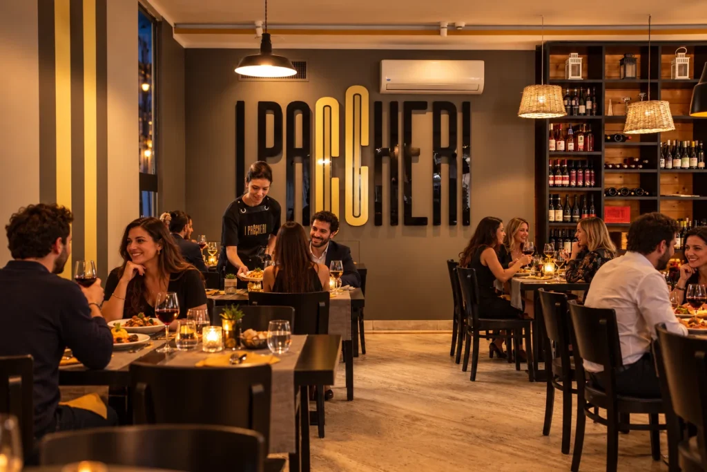Sala del ristorante I Paccheri con ospiti a cena e cameriera che serve al tavolo