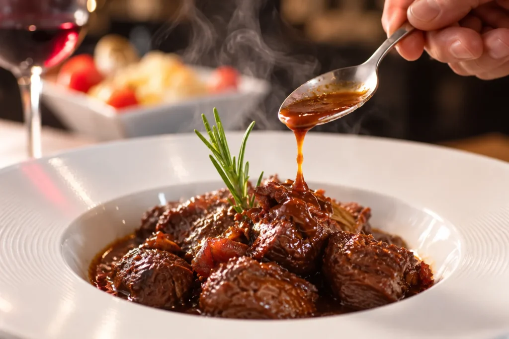 Stracotto al vino rosso con rosmarino e salsa versata col cucchiaio, ristorante I Paccheri